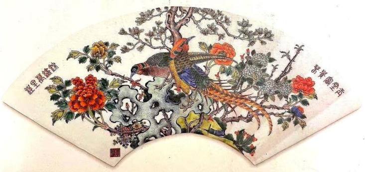 李盛春古彩《玉堂.錦繡》扇形瓷板